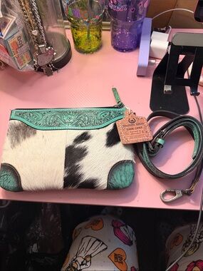 Cowhide Crossbody Clutch with Turquoise Tooled Leather Trim